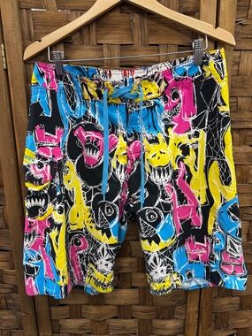 Volcom Black Board Shorts with Bright Blue, Yellow & Pink Graphic Print